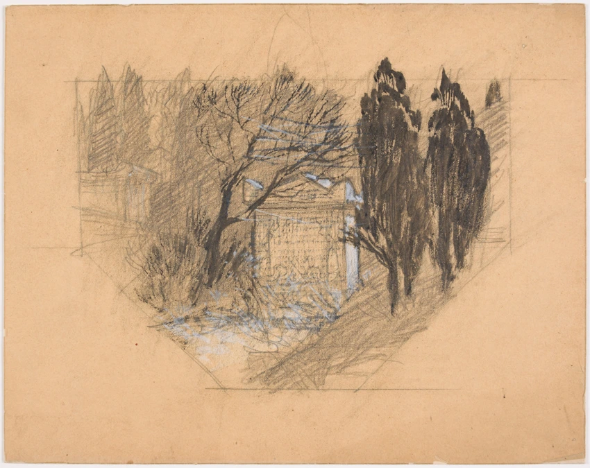 Eugène Grasset - Paysage avec, parmi les arbres, une stèle (cimetière) dans un c...
