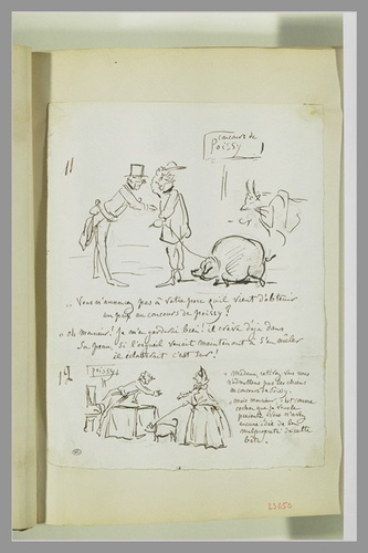 Cham - Caricature : homme interpellant un paysan ; homme et femme dialoguant