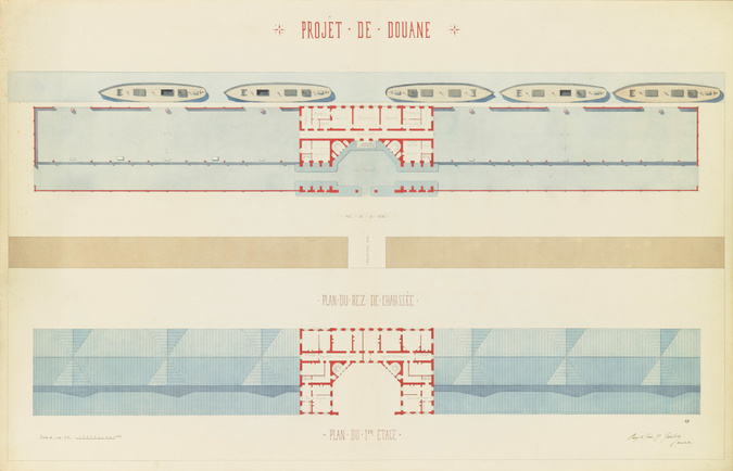 Juste Lisch - Projet de douane au bassin de La Villette à Paris, plans du rez-de...