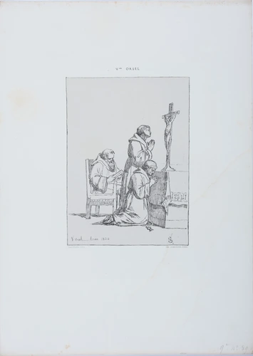 J. Bertrand - Trois clercs en prière devant un crucifix