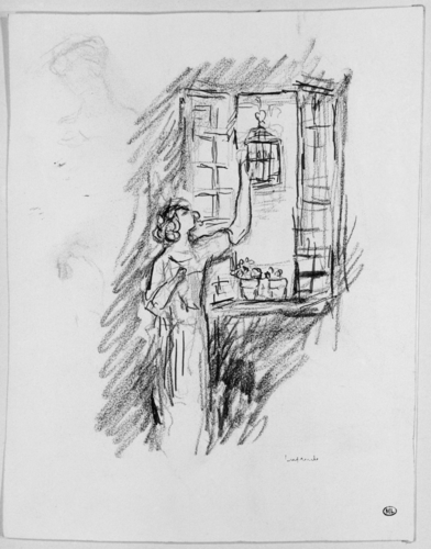Pierre Laprade - Jeune femme à la fenêtre, près d'une cage d'oiseau