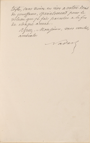 Nadar - Lettre manuscrite de Nadar, adressée à Monsieur Vanier, éditeur à Paris,...