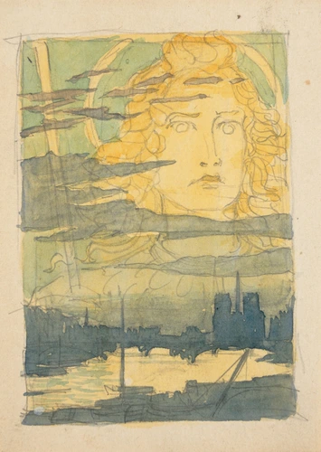 Apparition d'un visage nimbé dans le ciel au-dessus de Paris - Eugène Grasset