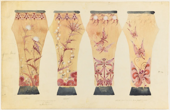 Emile Gallé - Modèle des quatre faces de deux vases en faience : vase de gauche ...