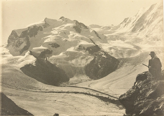Anonyme - Paysage de montagne, le Mont Rosa avec un homme assis au premier plan