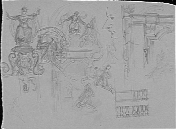Charles Lameire - Croquis du couronnement d'un arc plein cintre avec statues, vi...