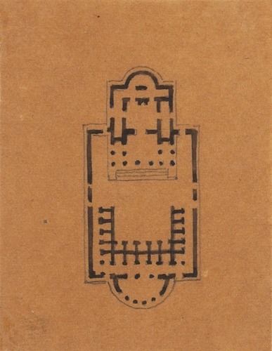 Edouard Villain - Plan d’un édifice rectangulaire avec une absidiole en façade e...