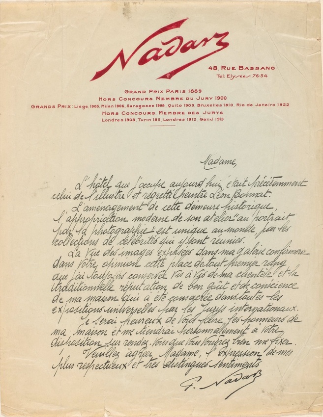 Paul Nadar - Lettre de Paul Nadar, à une destinataire non identifiée