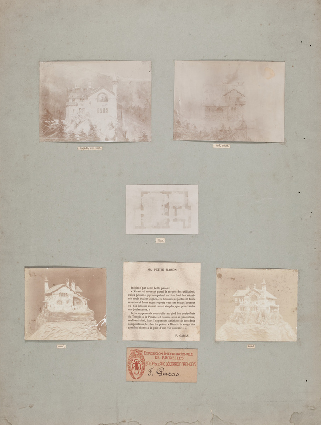 François Garas - Planche de cinq photographies : façades est et sud, dessins de ...
