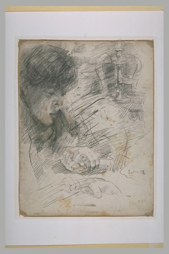 James Ensor - La soeur de l'artiste près d'une table, et étude de mains