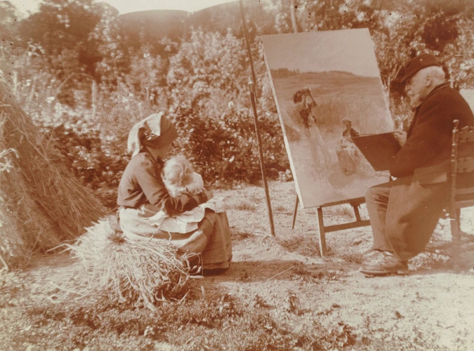 Charles Augustin Lhermitte - Léon Lhermitte agé assis devant une toile en cours ...