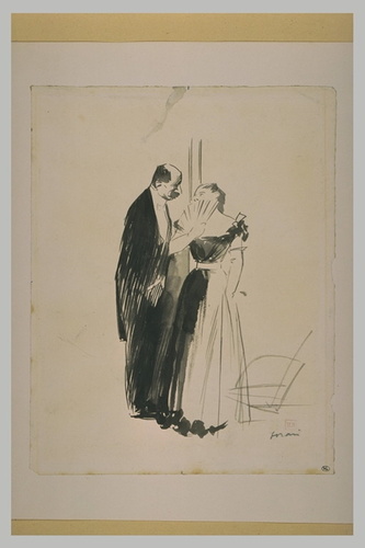 Jean-Louis Forain - Homme en habit noir conversant avec une femme en robe de soi...