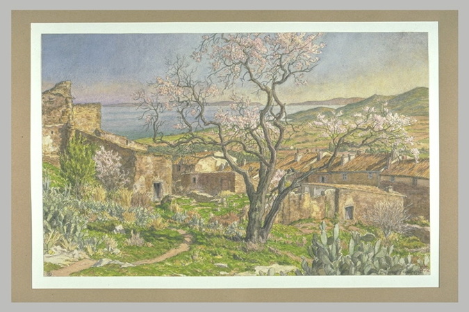 Henri Rivière - Amandiers en fleurs, et au fond la mer à Bormes