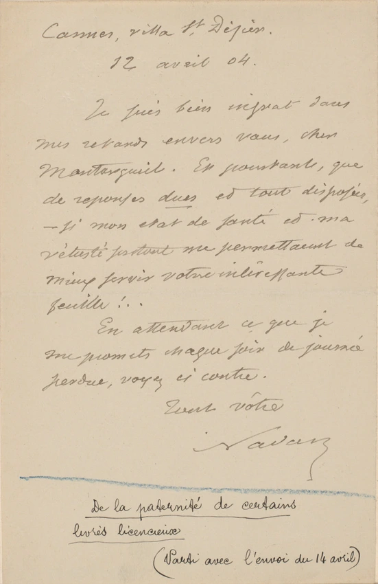 Nadar - Lettre de Félix Nadar adressée à Montorgueil, envoyée de Cannes (évoque ...