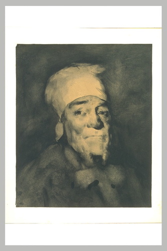 Vieillard en buste, vu de face, coiffé d'un bonnet blanc