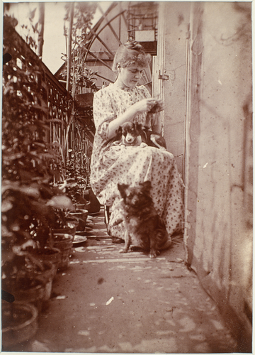 Henri Rivière - Madame Rivière assise sur un balcon, cousant, un chien sur les g...