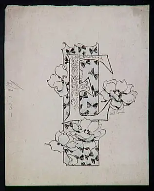 Lettre ornée E, décor de fleurs et de papillons - Emile Causé
