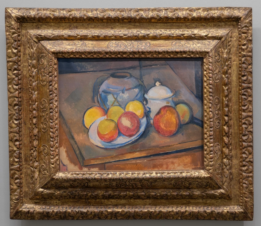 Paul Cézanne - Vase paillé, sucrier et pommes