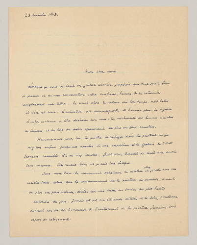 André Devambez - Lettre d'André Devambez à Paul Léon du 23 décembre 1943