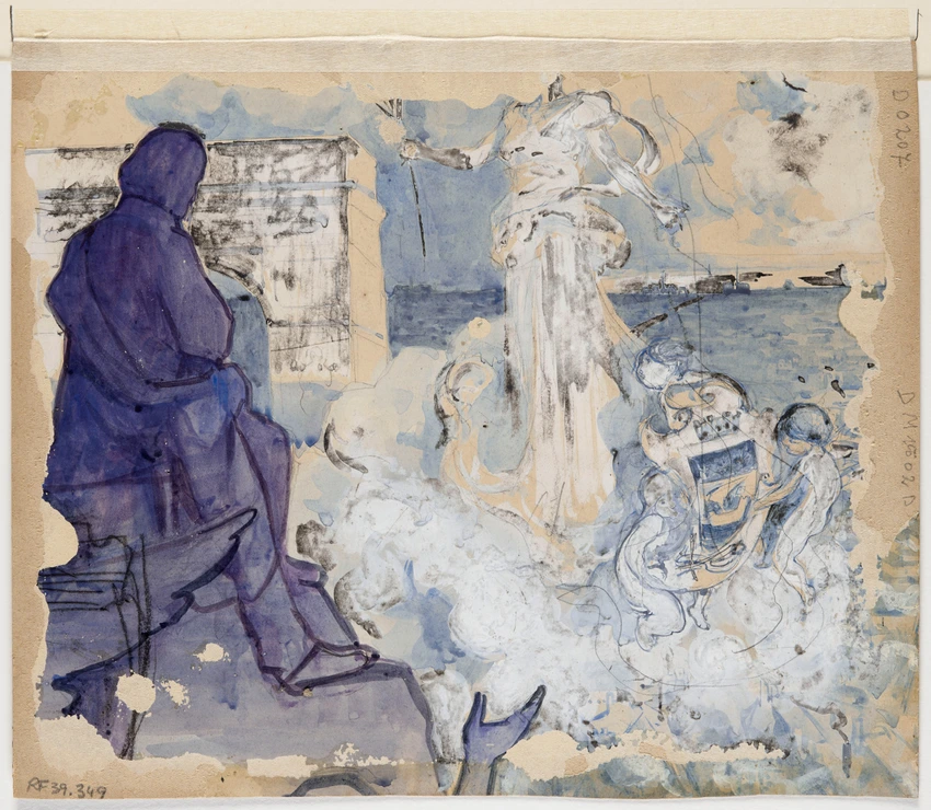 André Devambez - Croquis d'un génie féminin et d'une statue d'homme près de l'Ar...