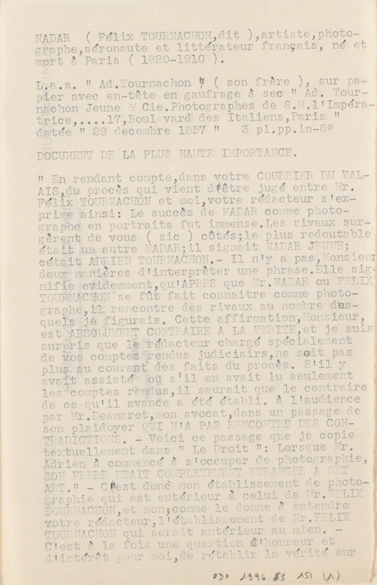 Texte dactylographié de la lettre adressée par Adrien Tournachon au "Courrier du Valais", suite à l'article publié dans ce journal à propos du procès qui opposait Adrien Tournachon et son frère, Félix Nadar - Adrien Tournachon