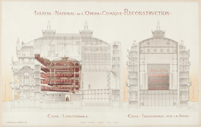 Henri Schmit - Projet de reconstruction de l'Opéra Comique, coupe longitudinale ...