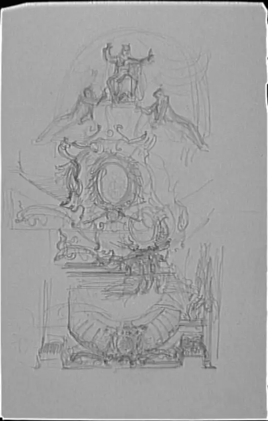 Charles Lameire - Croquis d'un arc plein cintre avec son couronnement (recto) ; ...