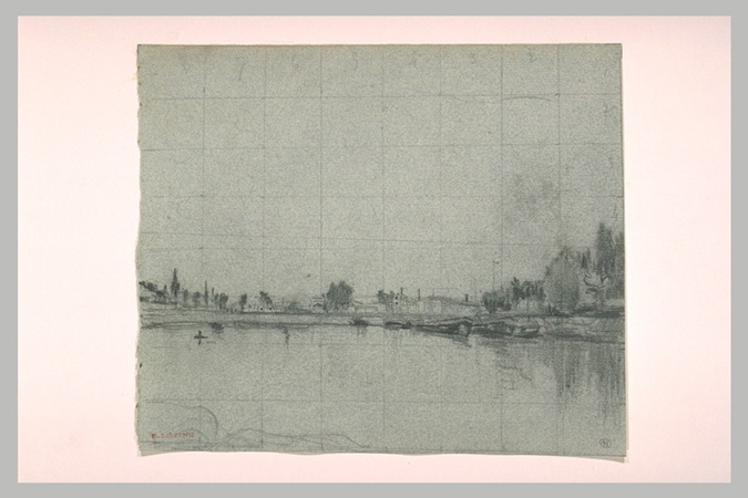Stanislas Lépine - Rivière avec des barques amarrées, près d'une ville