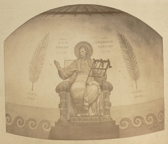 Photographie d'un carton pour le décor de la cathédrale de Neuvy-les-Moulins, saint Vincent de Saragosse tenant le gril de son martyre - Pierre Lampue