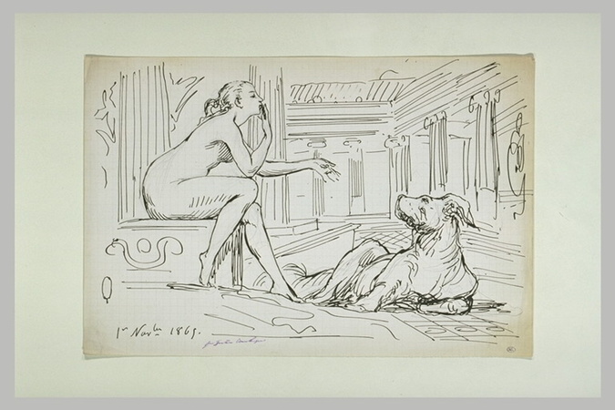 Gustave Boulanger - Dans un palais, femme nue, assise, envoyant un baiser à un c...