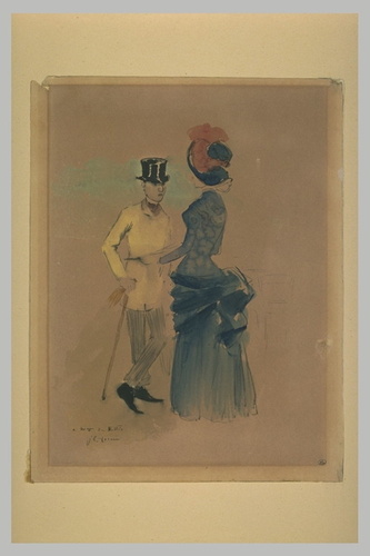 Jean-Louis Forain - Jeune femme vêtue d'un costume bleu, en conversation avec un...