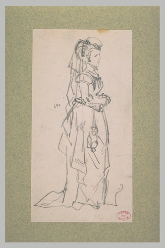 Alfred Grévin - Jeune femme coiffée d'un chapeau, les mains croisées devant elle