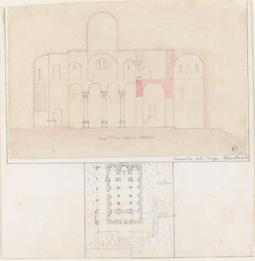 Anonyme - Coupe et plan de l'église attenante au monastère de la Vierge à Mistra