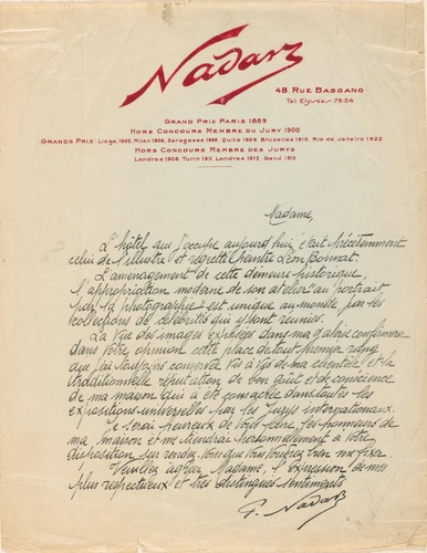 Paul Nadar - Lettre de Paul Nadar, à une destinataire non identifiée