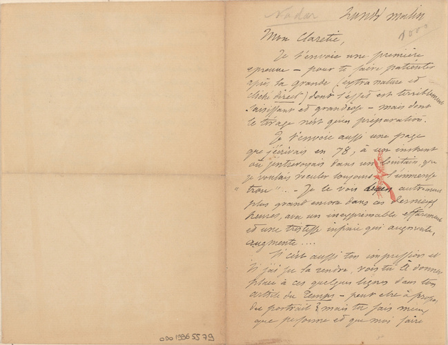 Nadar - Lettre de Félix Nadar adressée à Claretie