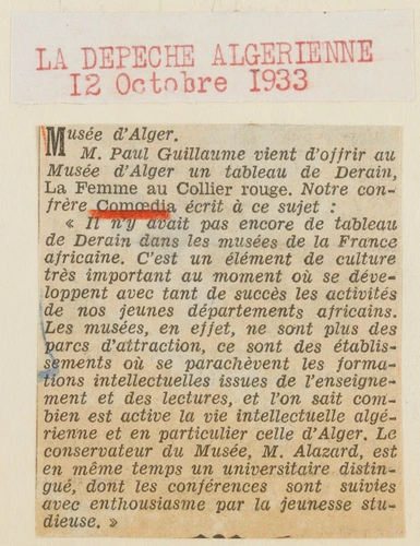 Anonyme - Musée d'Alger. M. Paul Guillaume vient d'offrir...