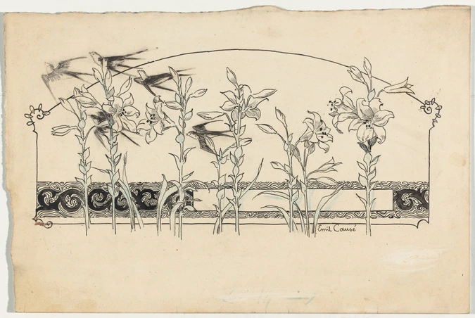 Emile Causé - Frise d'oiseaux sur fond de fraises et de feuilles