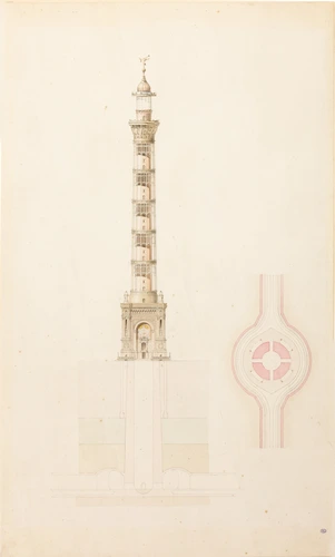 Projet de phare monumental pour Paris, élévation, coupe sur les fondations, plan - Jules Bourdais