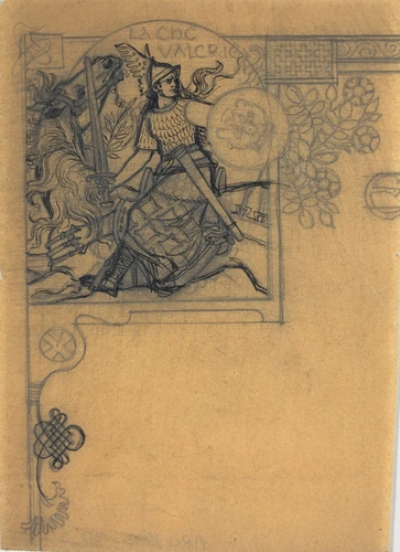Femme armée sur un cheval pour un en-tête de page, motifs ornementaux de type mérovingien - Eugène Grasset