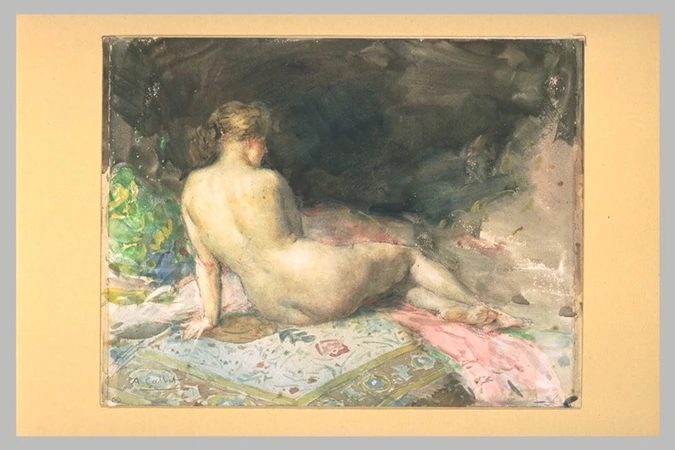 Antoine Calbet - Femme nue, vue de dos, sur un lit recouvert d'une étoffe à fleu...