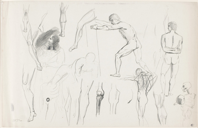 Odilon Redon - Feuille d'études : nus et squelettes ; tête d'homme barbu