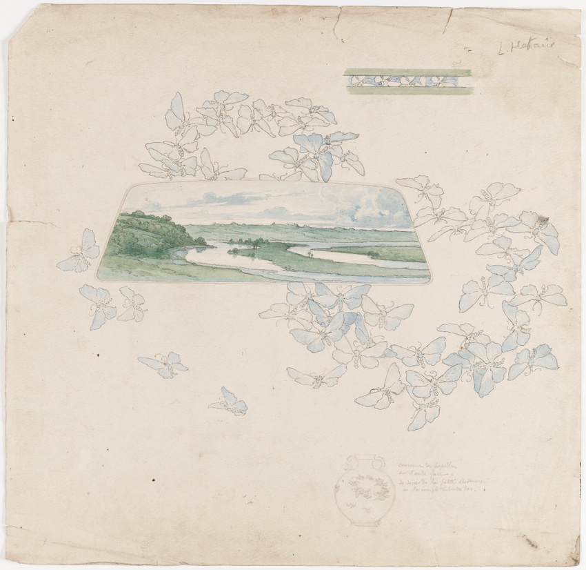Louis Hestaux - Paysage et couronne de papillons