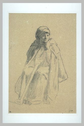 Jean-François Millet - Bergère assise, couverte d'un manteau, un bâton dans la m...