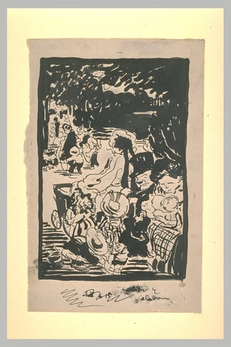 Jean-Emile Laboureur - Femmes et enfants au jardin, assis sur des bancs
