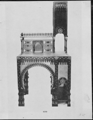 Page de catalogue commercial représentant des pièces de mobilier et des objets de décoration réalisés par Carlo Bugatti : n° 409 - Anonyme