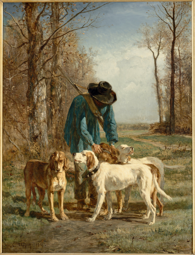 Constant Troyon - Garde-chasse arrêté près de ses chiens