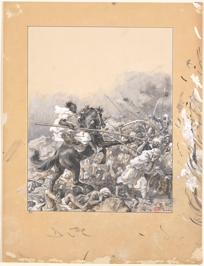 Etienne Dinet - Antar sur un cheval cabré se bat contre toute une armée