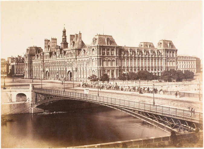 Edouard Baldus - Curieux sur le pont d’Arcole photographiés depuis la rive gauch...