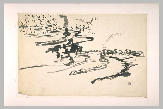 Pierre Bonnard - Etude de paysage fluvial, avec péniche et bateau avec cheminée ...