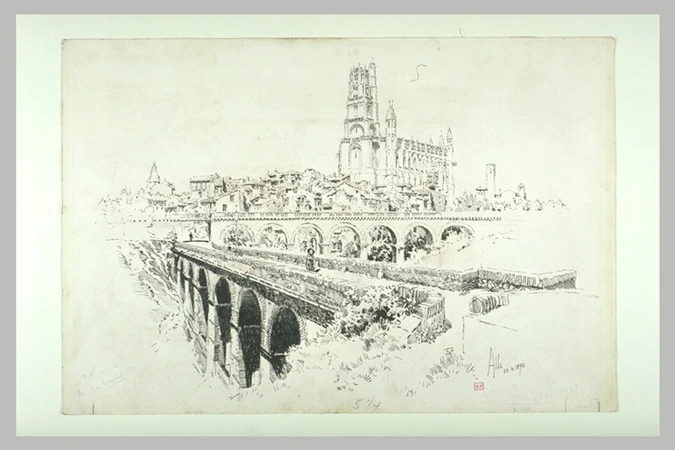 Joseph Pennell - La Cathédrale d'Albi vue de l'Ouest avec les ponts enjambant le...